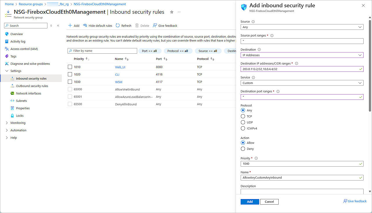Screenshot of Azure, Azure Firebox Cloud Security Rule